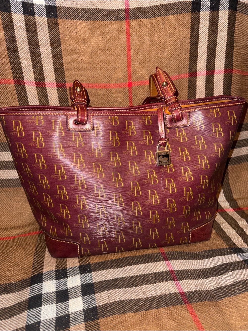 Dooney & Bourke Authentic Maroon Logo Tote with Gold Accents